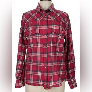Jachs Girlfriend Red Plaid BEA Snap Front Cotton Shirt Sz MED Convertible Sleeve